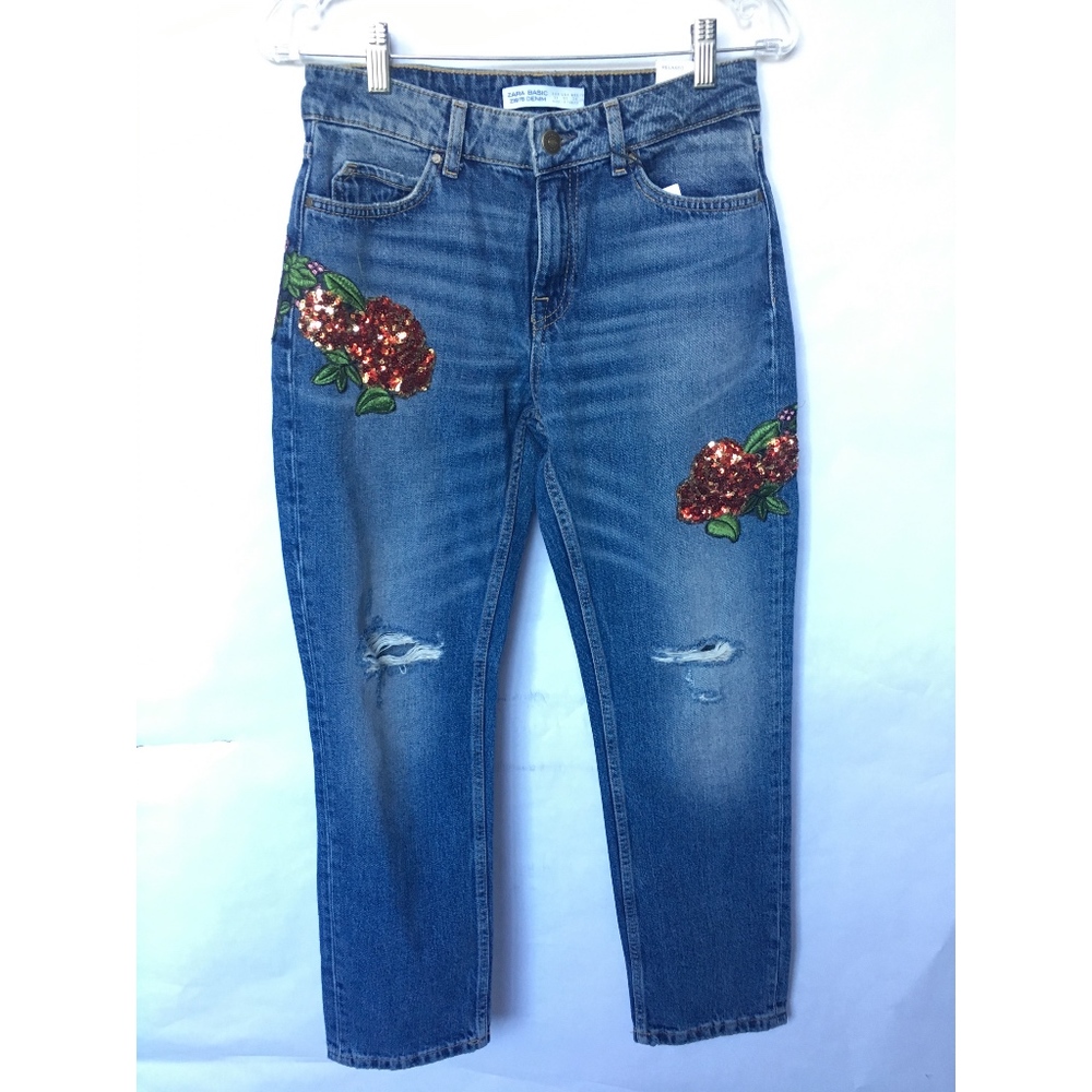 Zara Z1975 Denim Sequins Rose Patch Jeans - Sz. 2 - Picture 2 of 8
